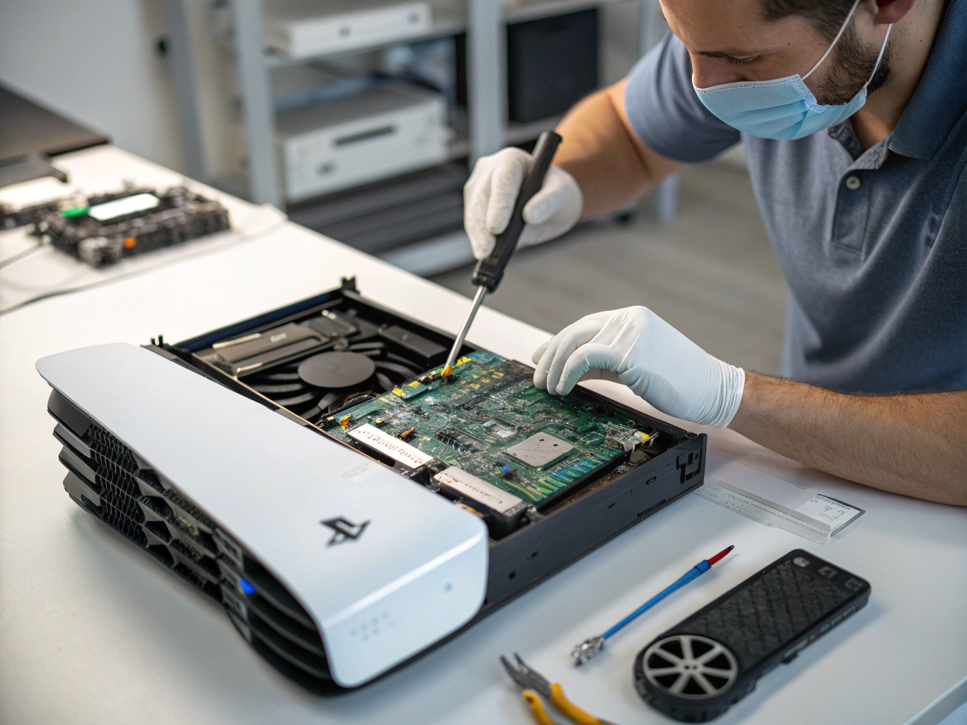 Technician repairing a PlayStation 4 console motherboard on a workshop workbench